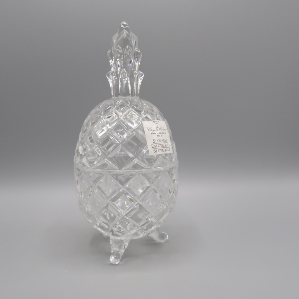 Vintage Pineapple Shape Crystal Clear Glass Footed Covered Candy Dish Slovakia